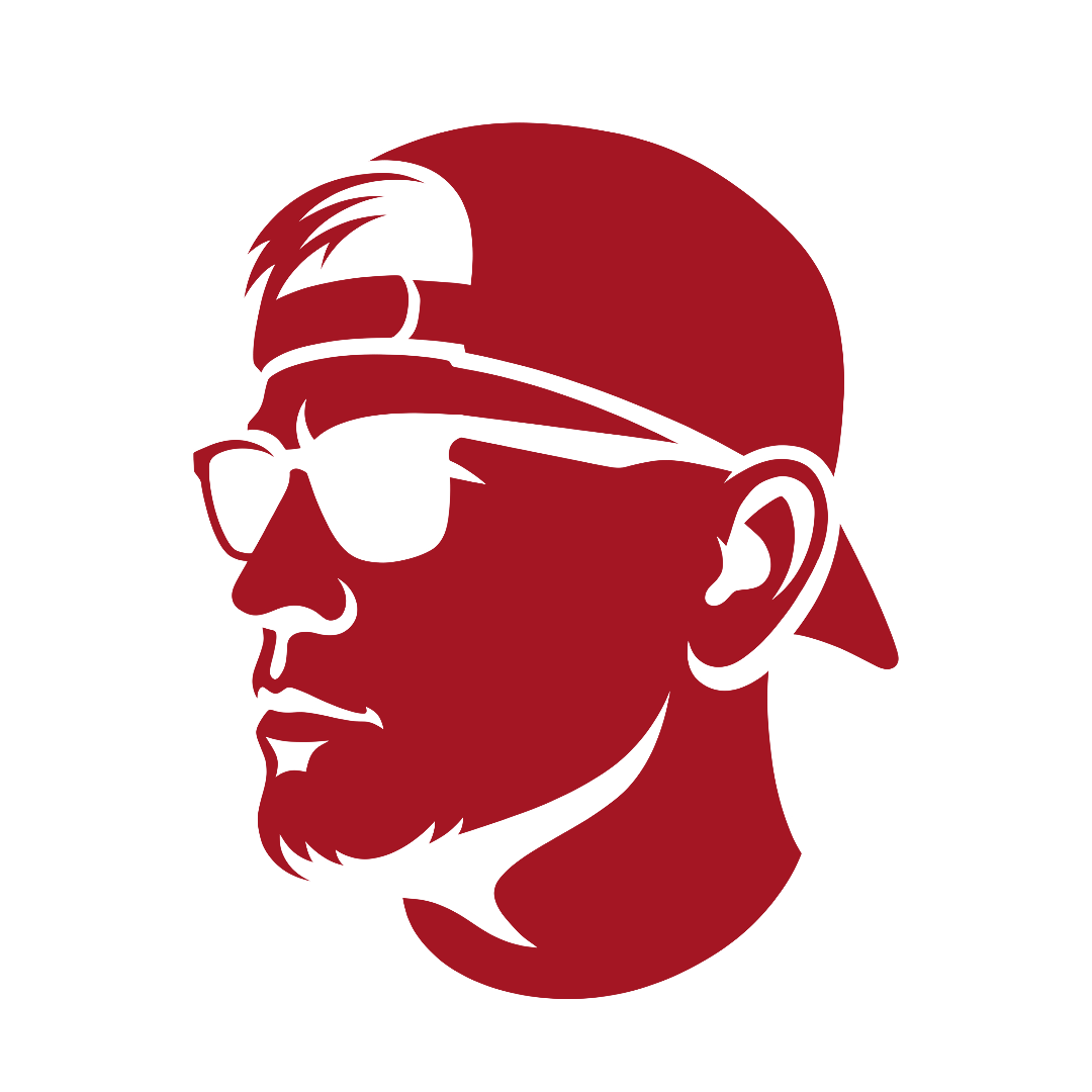 The Red Thread crest — profile portrait in oxblood